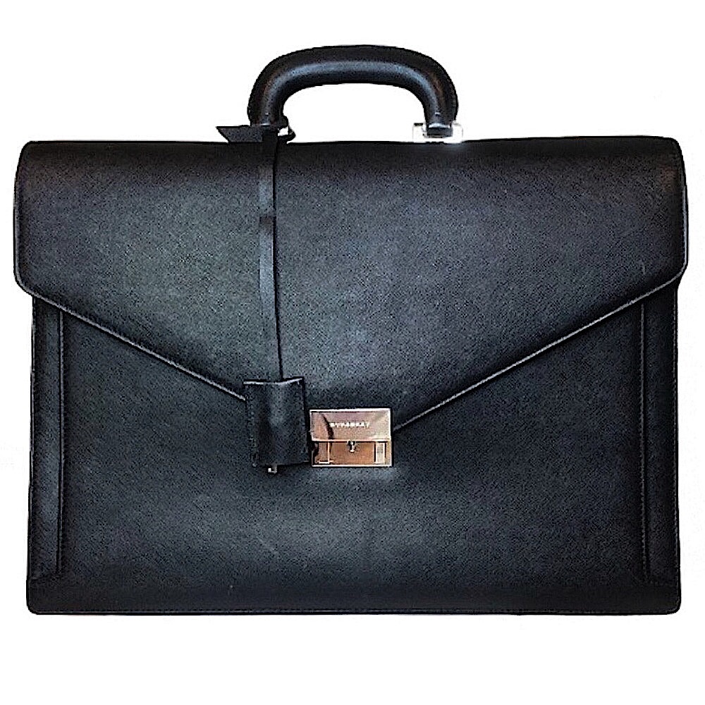 BURBERRY Black Saffiano Leather Briefcase Silver Lock Clochette Key Fully Lined